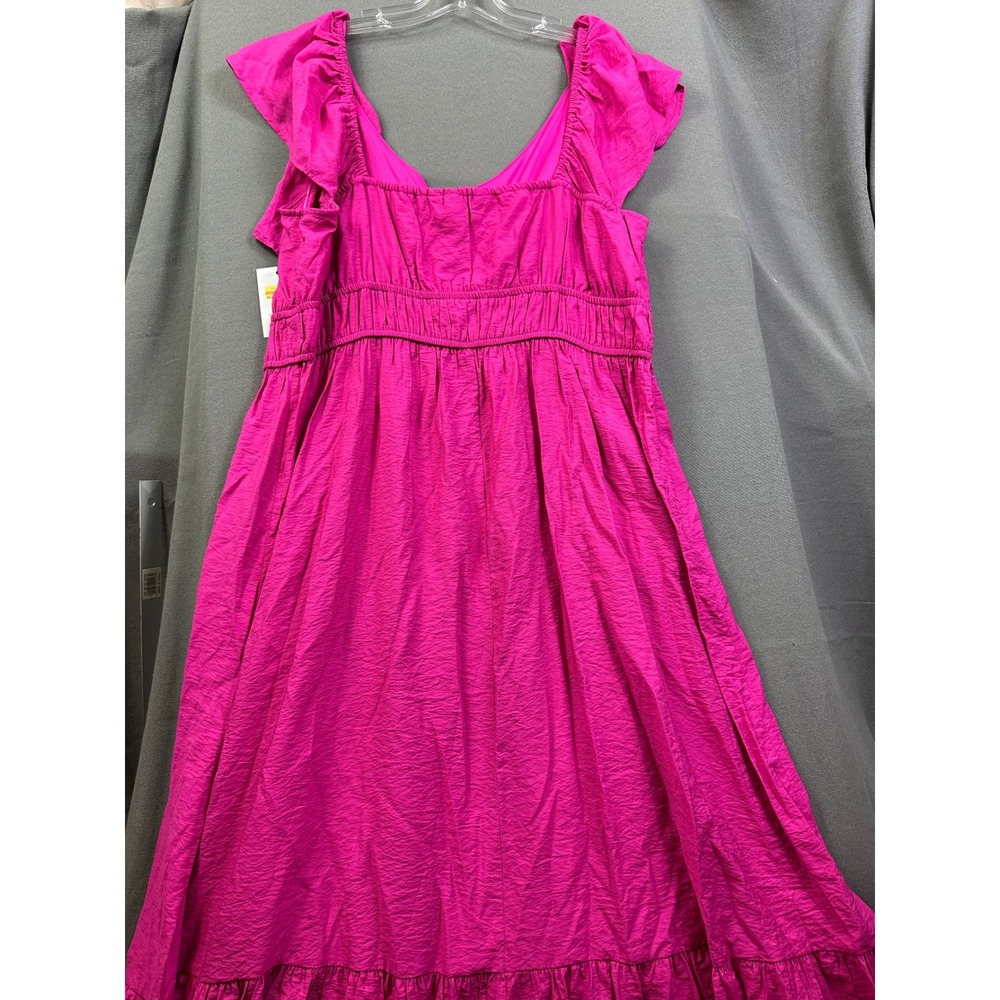 Nine West Magenta Pink Ruffle Sleeve Smocked Waist Tiered Midi Dress XXL New